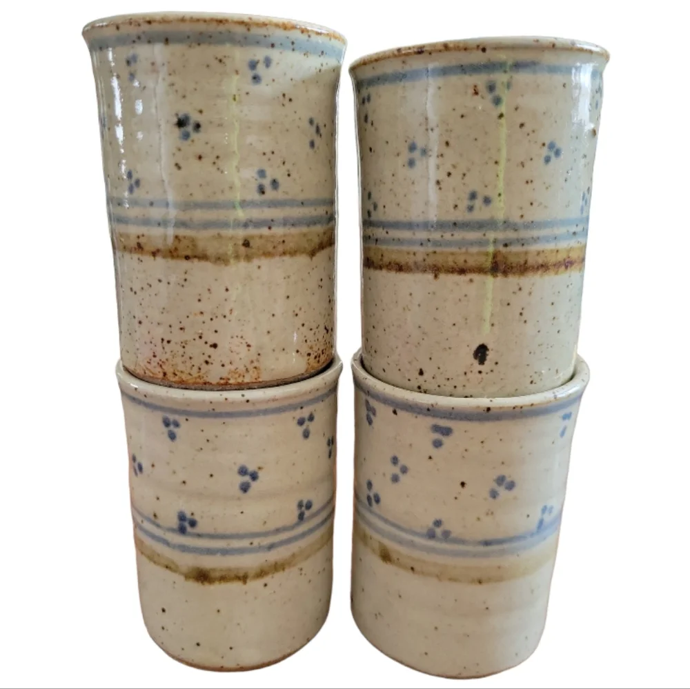 Vtg Hand Crafted Signed Stone Pottery Wine Bottle 4 Glasses Cups